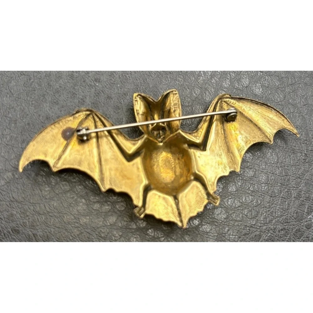 Vintage Victorian Revival Bat Brooch Pin Gothic Detailed Antiqued Gold Tone